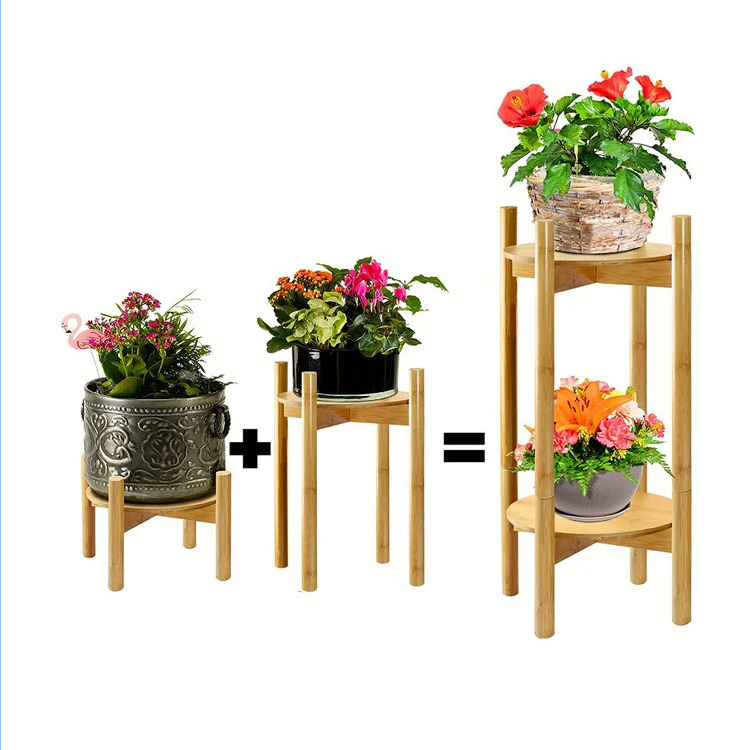 24 Inch High  Bamboo 2 Layers Plant Stand Flower Pots Wooden Flower Pot Stands