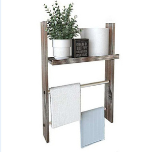 Farmhouse Decor Wood Wall Mount Towel Rack With Shelf Stainless Towel Bar Hanger Blanket Ladder Kitchen Hand Towels Holder