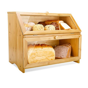 Newly designed natural bamboo wood double layer design  large capacity bread box storage