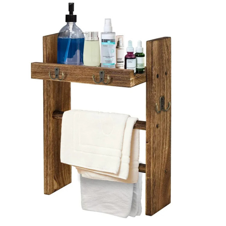 Wood Wall Hanging Hand Towel Ladder Bathroom Towel Rack With 3 Double Hooks