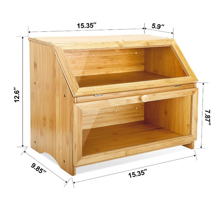 Newly designed natural bamboo wood double layer design  large capacity bread box storage