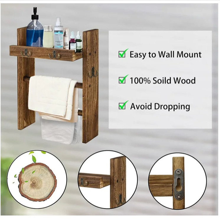 Wood Wall Hanging Hand Towel Ladder Bathroom Towel Rack With 3 Double Hooks