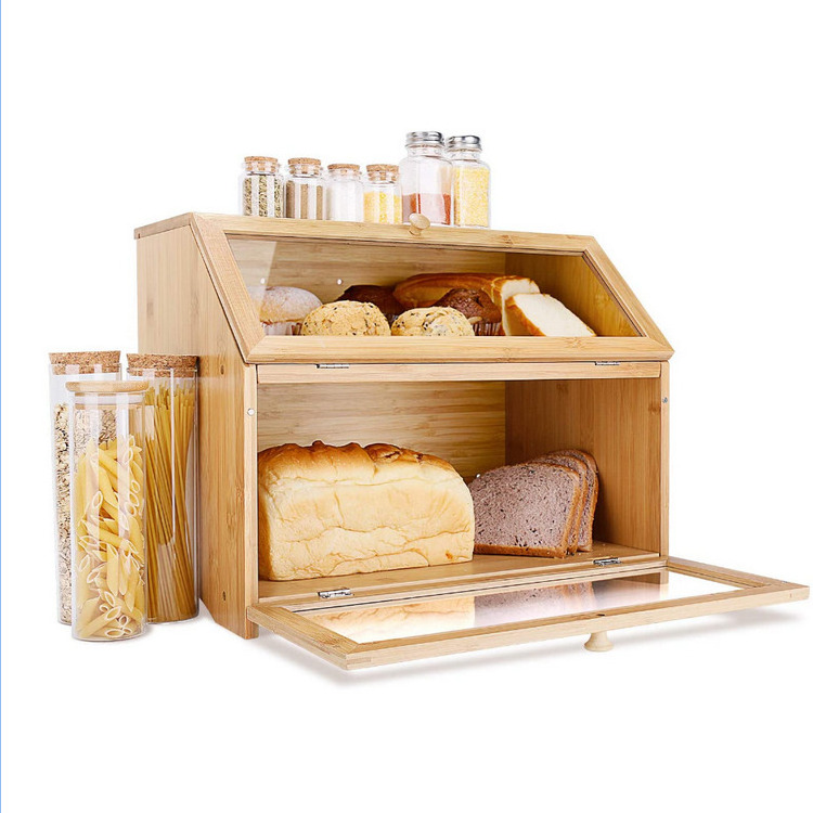 Newly designed natural bamboo wood double layer design  large capacity bread box storage