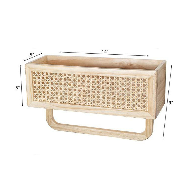 Natural Wood Shelves Rattan Wall Shelf Wood Floating Shelf With Towel Rack For Kitchen