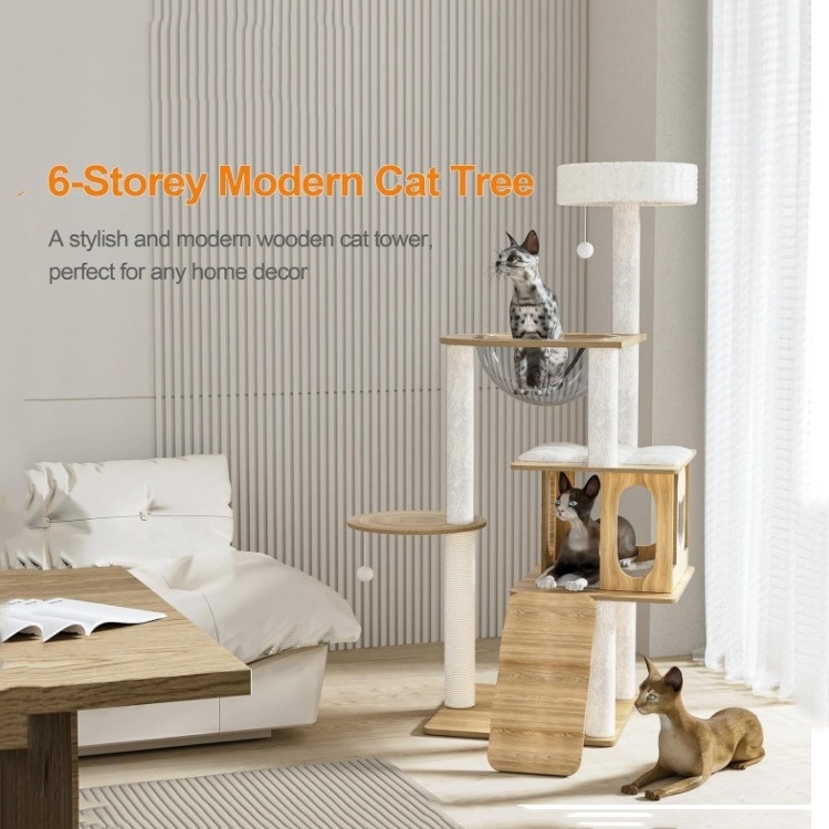 48in Modern wood cat tree  Tower Wood Cat Tree with Scratching Post Heavy Duty Tall Cat for Climbing