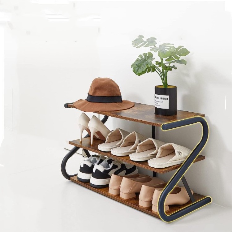 3 Tier Shoe Rack Z Frame Wooden Shoe Shelf With Durable Metal Shelves For Hallway