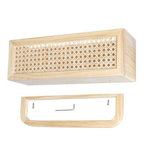 Natural Wood Shelves Rattan Wall Shelf Wood Floating Shelf With Towel Rack For Kitchen