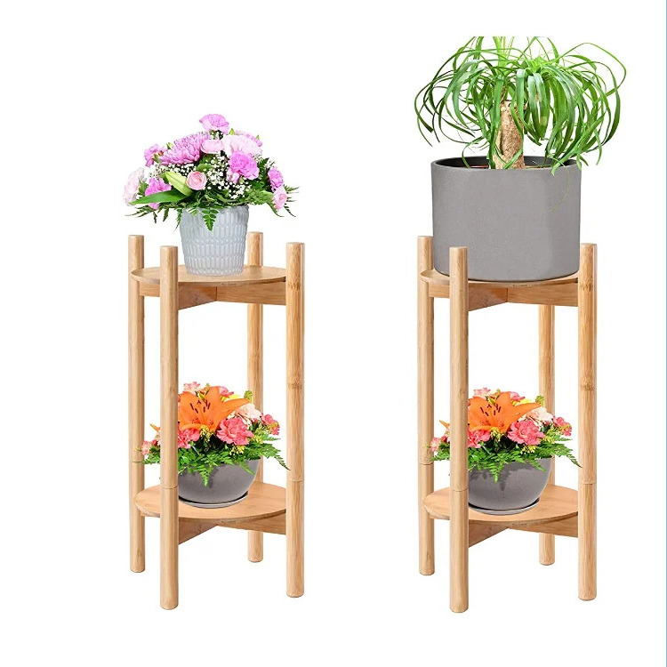 24 Inch High  Bamboo 2 Layers Plant Stand Flower Pots Wooden Flower Pot Stands