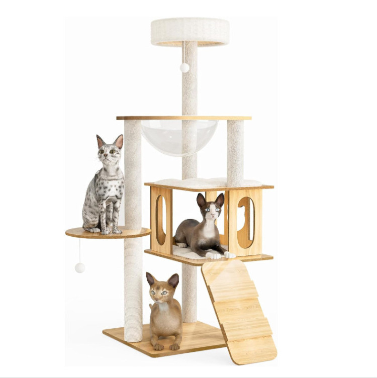 48in Modern wood cat tree  Tower Wood Cat Tree with Scratching Post Heavy Duty Tall Cat for Climbing