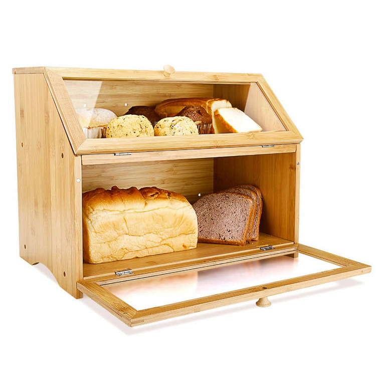 Newly designed natural bamboo wood double layer design  large capacity bread box storage