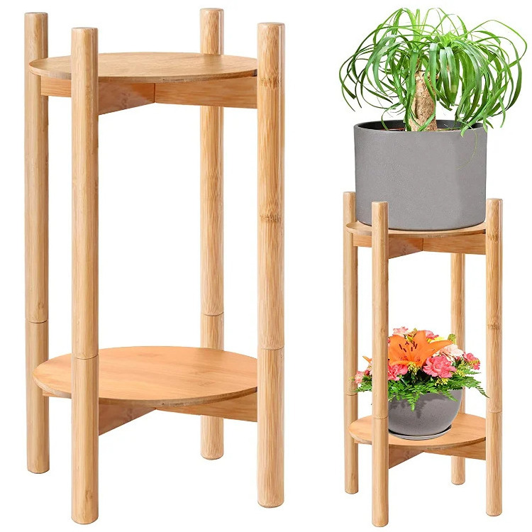 24 Inch High  Bamboo 2 Layers Plant Stand Flower Pots Wooden Flower Pot Stands