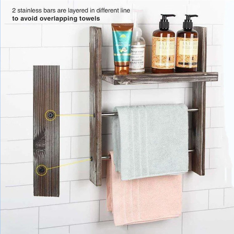 Farmhouse Decor Wood Wall Mount Towel Rack With Shelf Stainless Towel Bar Hanger Blanket Ladder Kitchen Hand Towels Holder