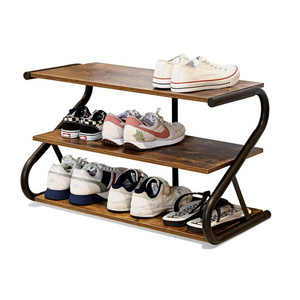 3 Tier Shoe Rack Z Frame Wooden Shoe Shelf With Durable Metal Shelves For Hallway