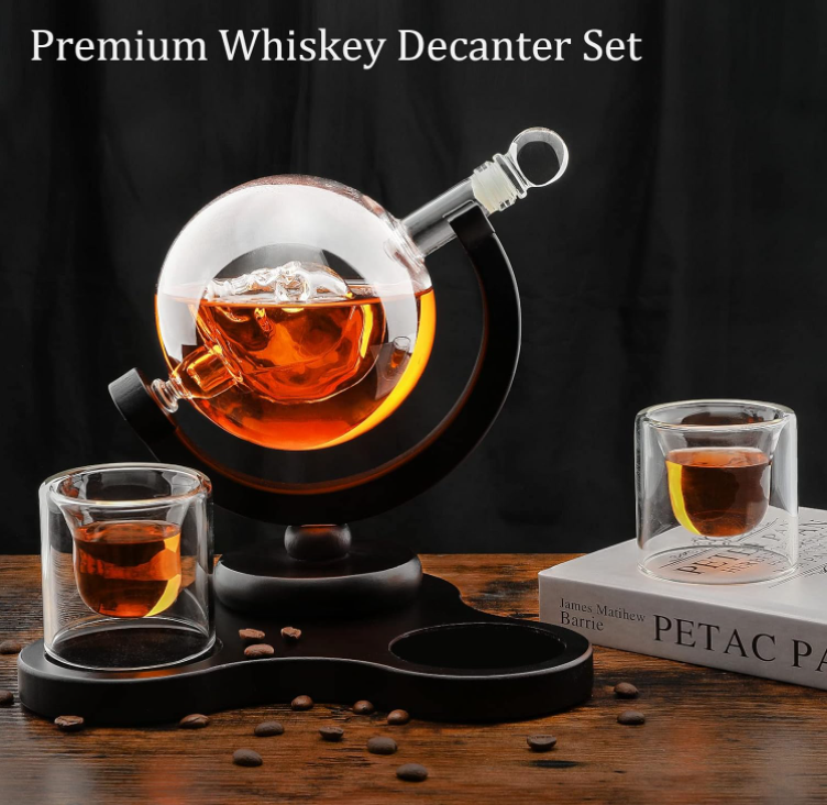 Skull Whiskey Decanter Sets Bourbon Crystal Liquor Decanter with Wood Base & 360 Rotatable Bracket