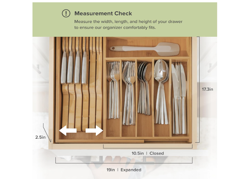 Premium Bamboo Wood Silverware Organizer Wooden Flatware Utensil Organizer for Narrow Kitchen Drawers