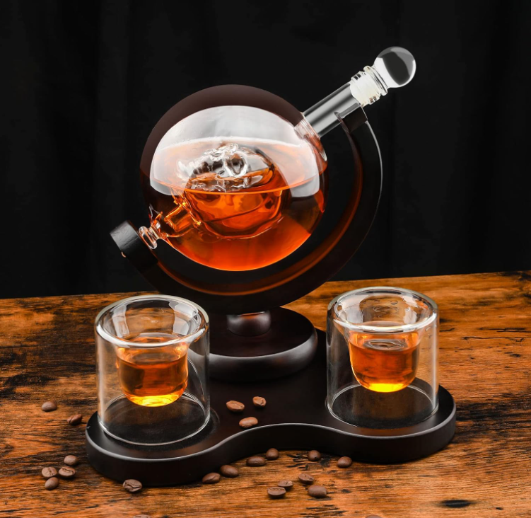 Skull Whiskey Decanter Sets Bourbon Crystal Liquor Decanter with Wood Base & 360 Rotatable Bracket