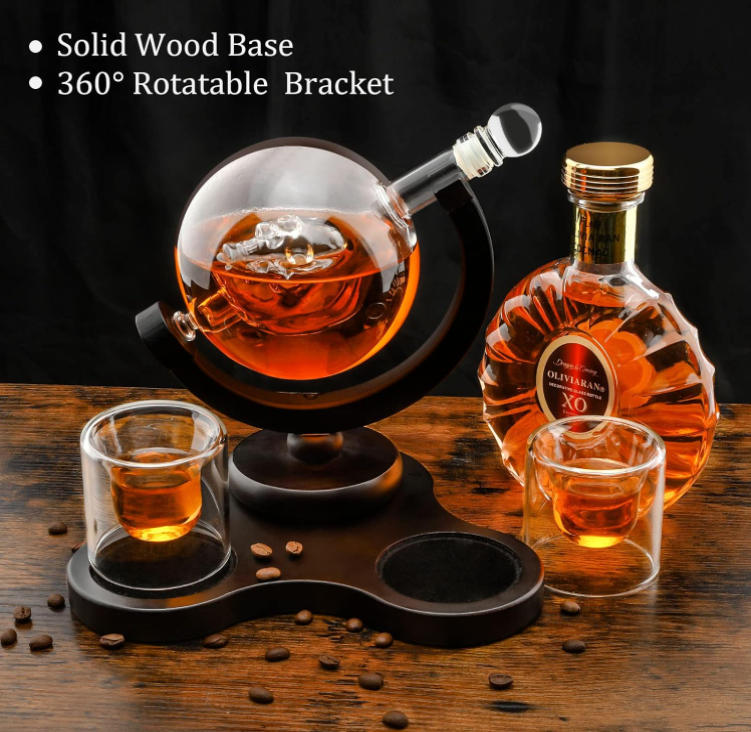 Skull Whiskey Decanter Sets Bourbon Crystal Liquor Decanter with Wood Base & 360 Rotatable Bracket