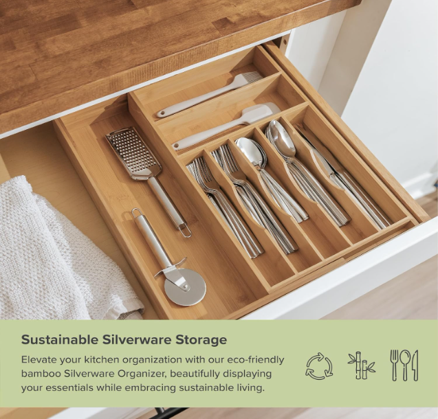 Premium Bamboo Wood Silverware Organizer Wooden Flatware Utensil Organizer for Narrow Kitchen Drawers