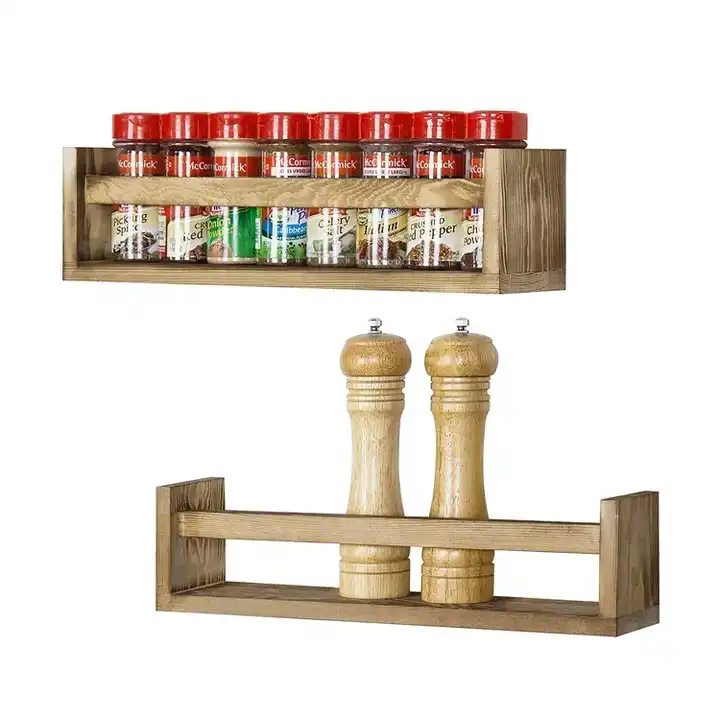 Wholesale Rustic Hanging Kitchen Wall Organizer Shelf Torched Wood Wall Mount Spice Rack