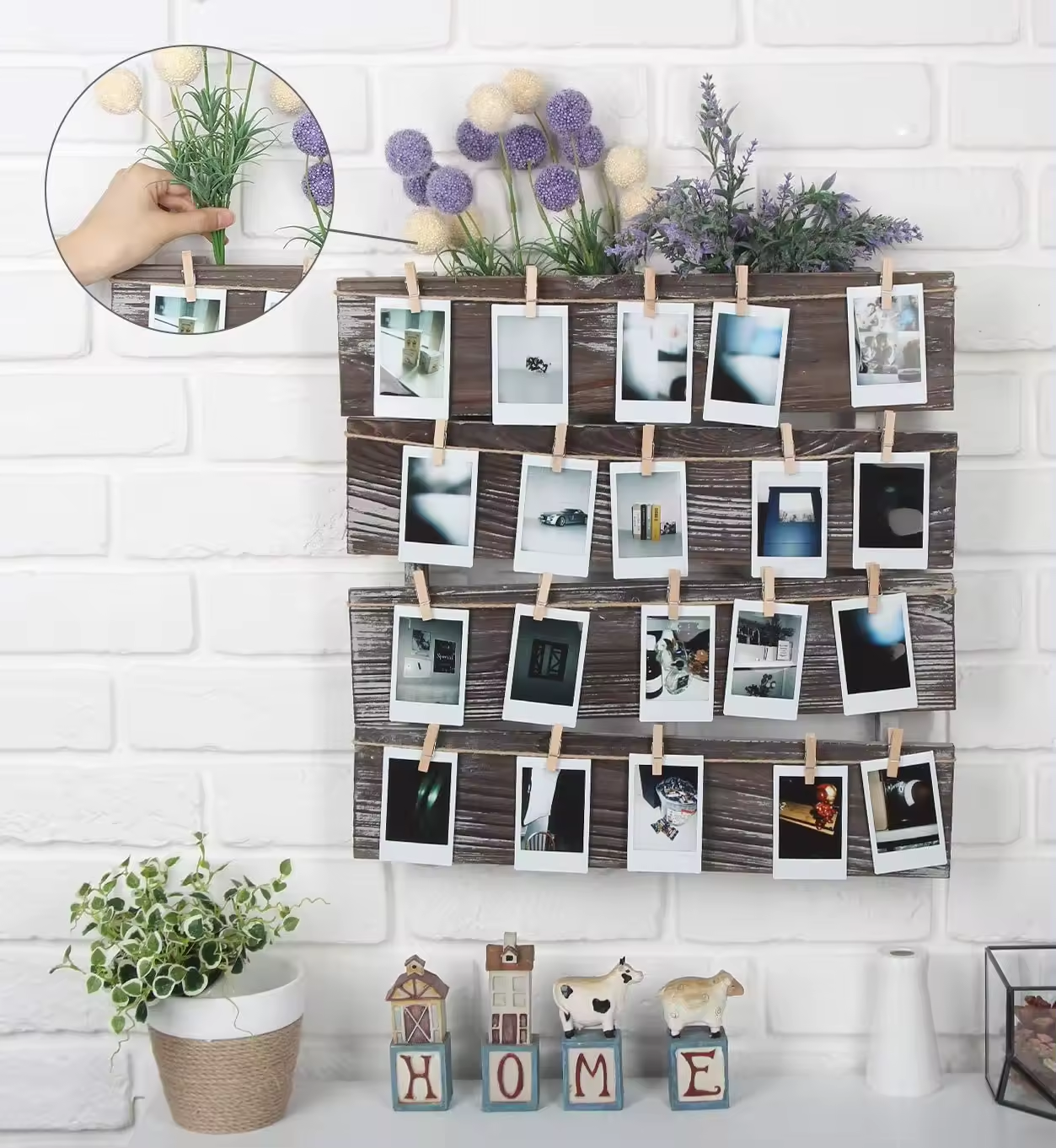 Rustic Wood Wall Mount Photo Holder Rectangle-shaped Clip and Collage Frame