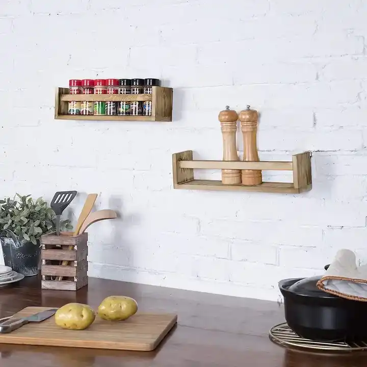 Wholesale Rustic Hanging Kitchen Wall Organizer Shelf Torched Wood Wall Mount Spice Rack