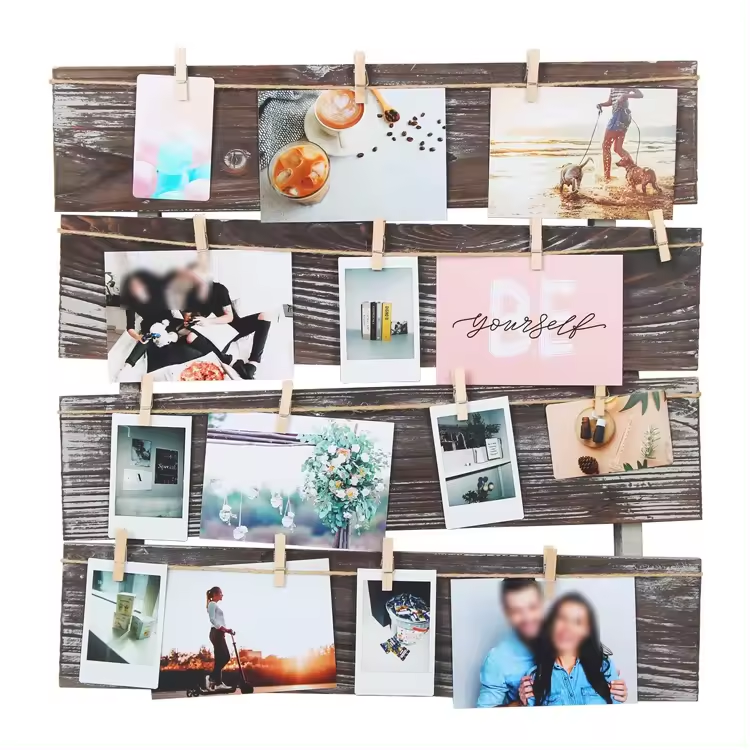 Rustic Wood Wall Mount Photo Holder Rectangle-shaped Clip and Collage Frame