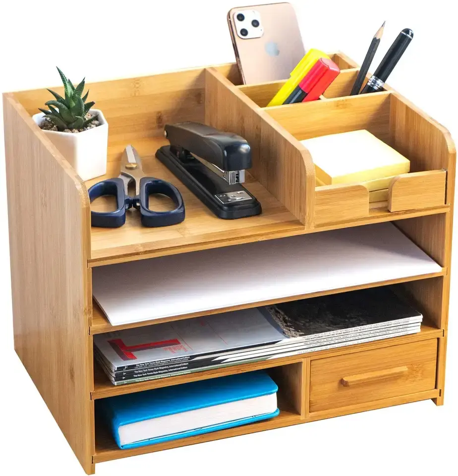 4 Tier Durable Wood Table Top Storage Home Office Bamboo Wood Desk File Organizer with Drawer