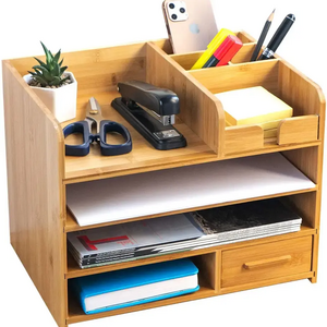 4 Tier Durable Wood Table Top Storage Home Office Bamboo Wood Desk File Organizer with Drawer