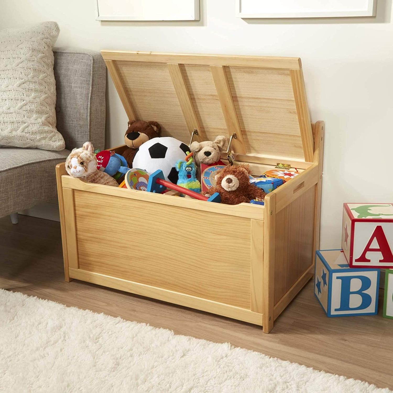 Light Wood Furniture for Playroom, wooden Toy Chest with safety-hinged lid