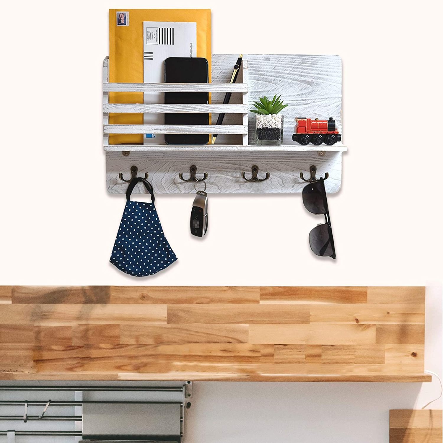 Kitchen Rustic White wood Wall Mount Mail Organizer, Floating Shelf with Key Hooks for for Entryway, Storage, Living Room