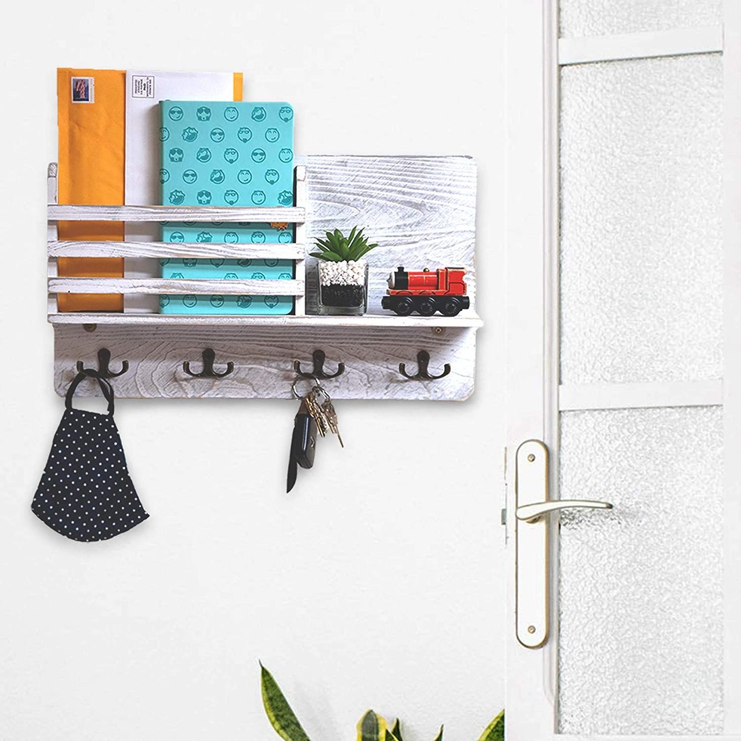 Kitchen Rustic White wood Wall Mount Mail Organizer, Floating Shelf with Key Hooks for for Entryway, Storage, Living Room