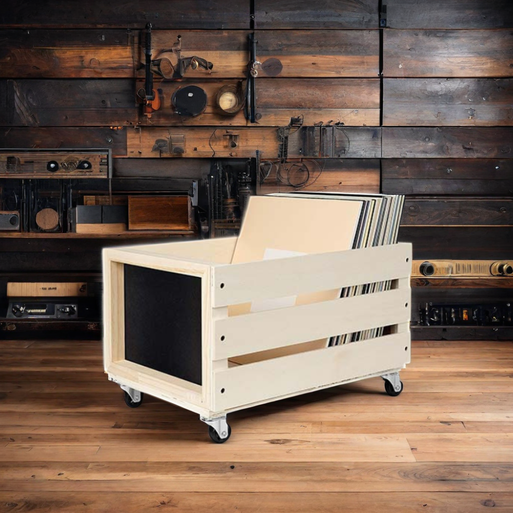 Wooden Record Crate with Wheels Vinyl Album Storage Holder Box Case with Chalkboard Sign Board