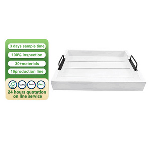 Rustic Wood Serving White Farmhouse Shiplap Decorative Ottoman Tray with Black Metal Handles