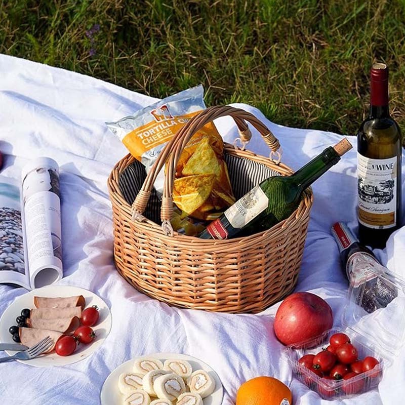 Picnic Basket with Double Folding Handles Small Natural Willow Hamper Empty Basket Cheap Easter Eggs Candy Storage Wine Basket