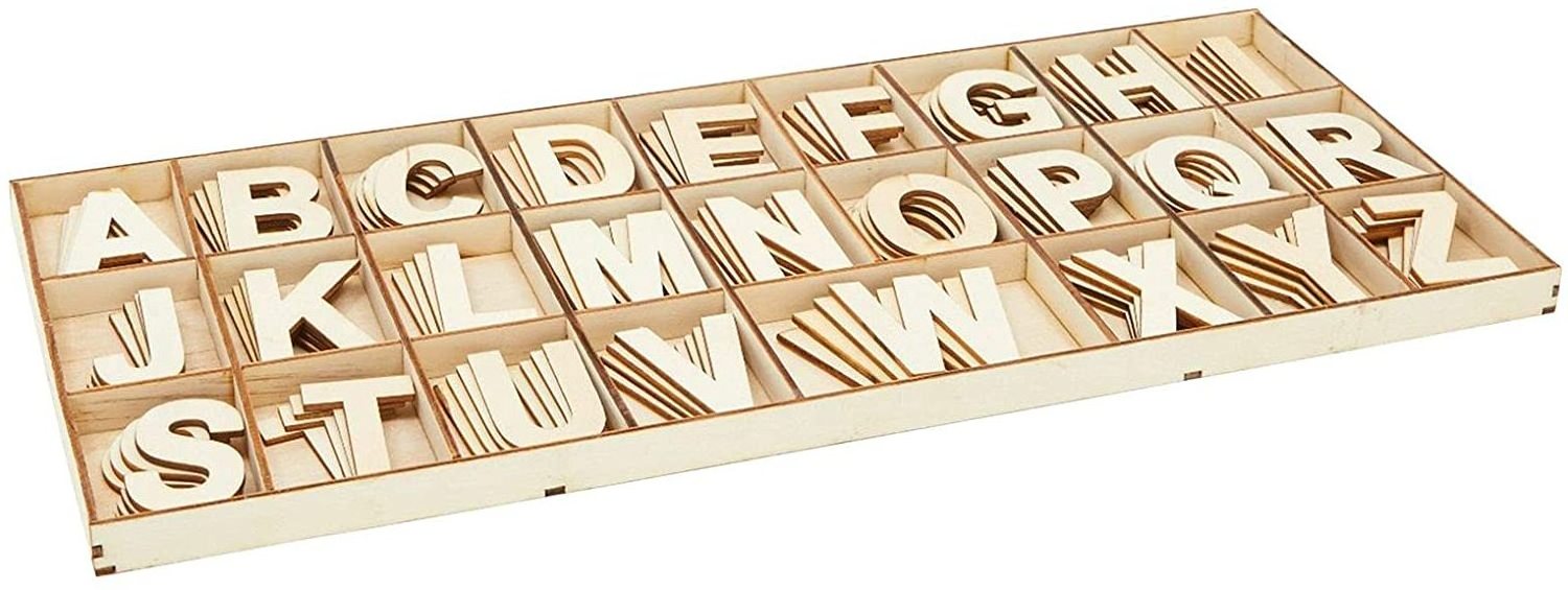 2 in Wooden Letters with Storage Tray for Crafts, Wood Alphabet ABCs for Learning, Wall Decor (4 of Each Letter, 104 Pieces)