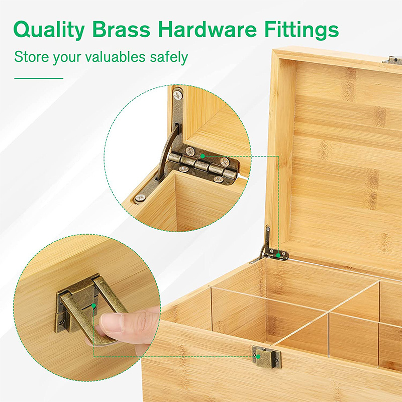 Bamboo Box Decorative Wood Storage Box with Latch Lock and Detachable Dividers Wood Stash Box