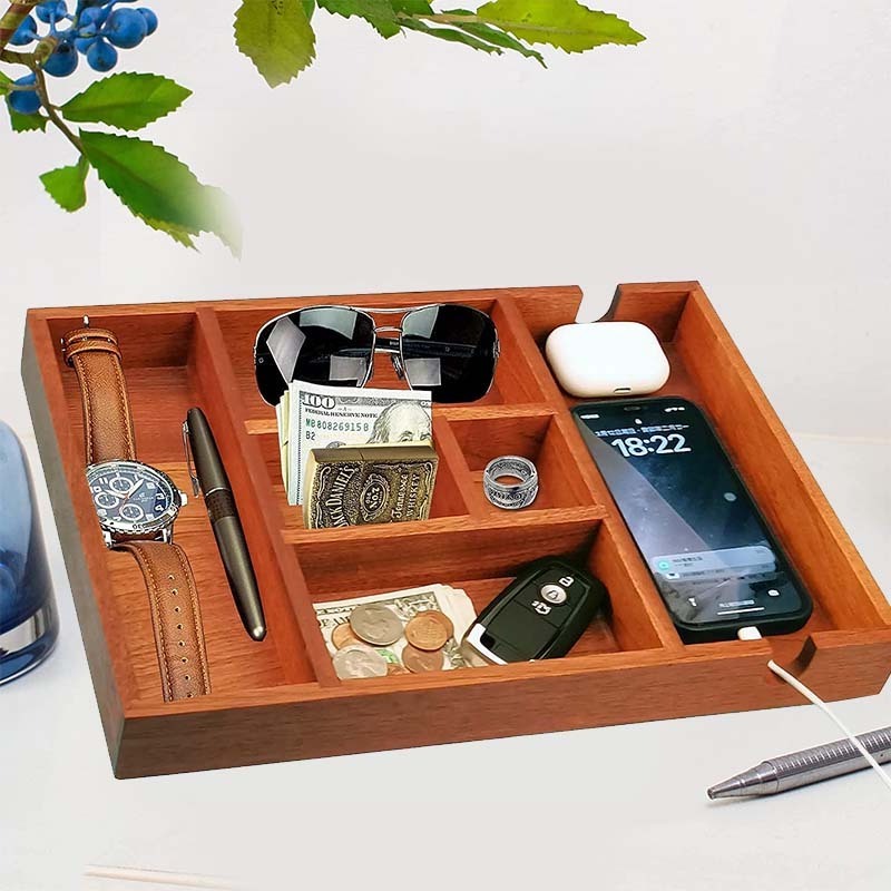 Wooden Valet Tray for Men Desktop Storage Organizer Catchall serving Tray for Nightstand or Dresser Organizer