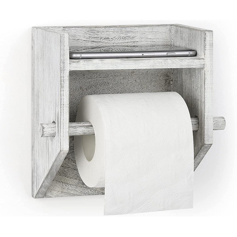 Rustic wooden wall-mounted toilet paper roll embedded toilet paper rack wooden storage tissue rack