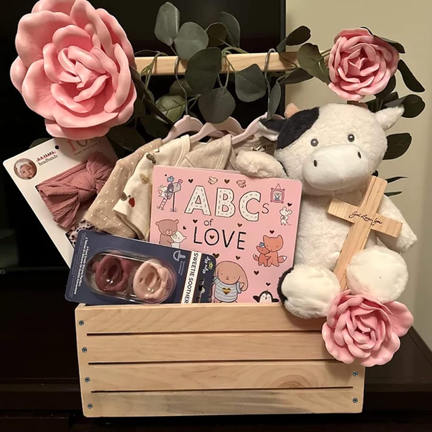 Wooden Baby Shower Crate Closet,Baby Basket with Handle,Baby Storage Crate Hamper,Baby Shower Gifts,Wooden Gift Crate,New Born B