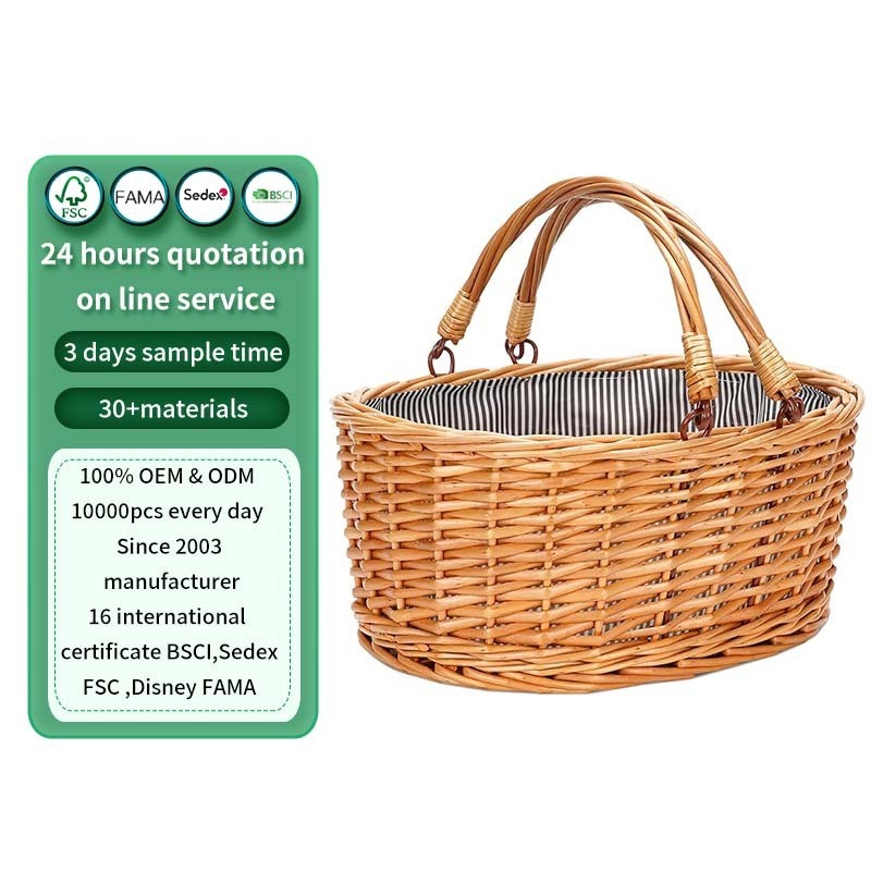 Picnic Basket with Double Folding Handles Small Natural Willow Hamper Empty Basket Cheap Easter Eggs Candy Storage Wine Basket