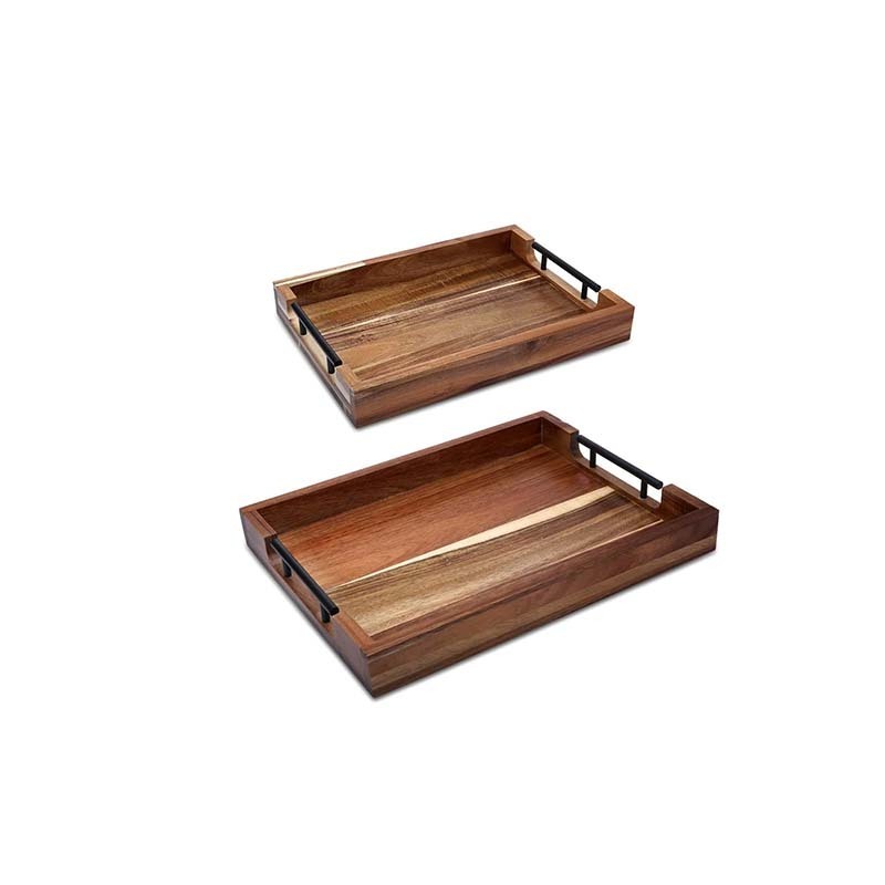 Set of 2 Acacia Wood Serving Tray with Handles Serving Decorative nesting Trays for Breakfast Lunch Dinner Coffee Party