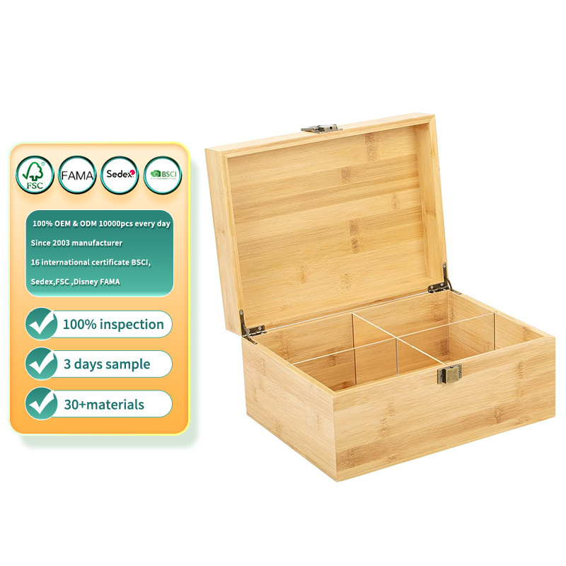 Bamboo Box Decorative Wood Storage Box with Latch Lock and Detachable Dividers Wood Stash Box