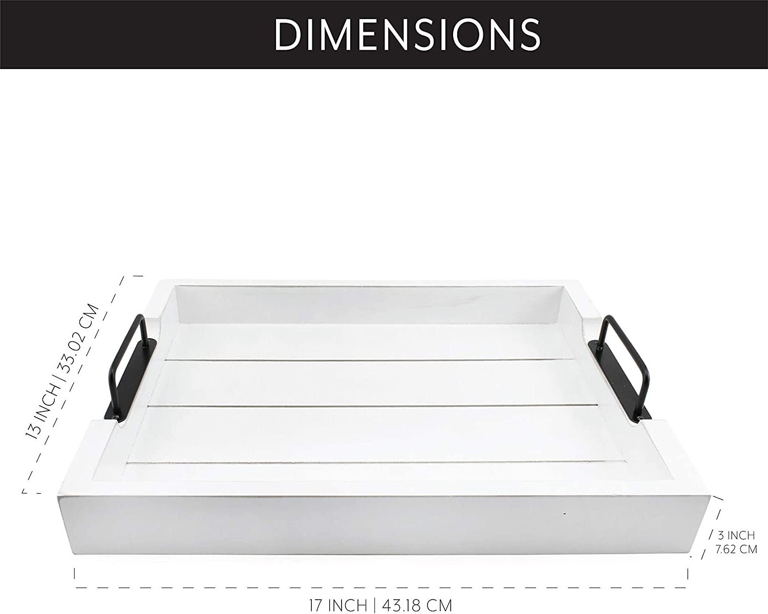 Rustic Wood Serving White Farmhouse Shiplap Decorative Ottoman Tray with Black Metal Handles