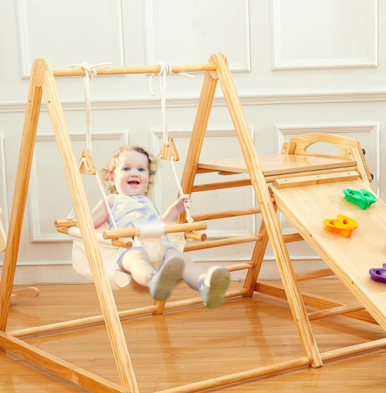 Indoor playground equipment Wooden climbing frame Children's gym room Wooden Montessori swing and slide children's playground