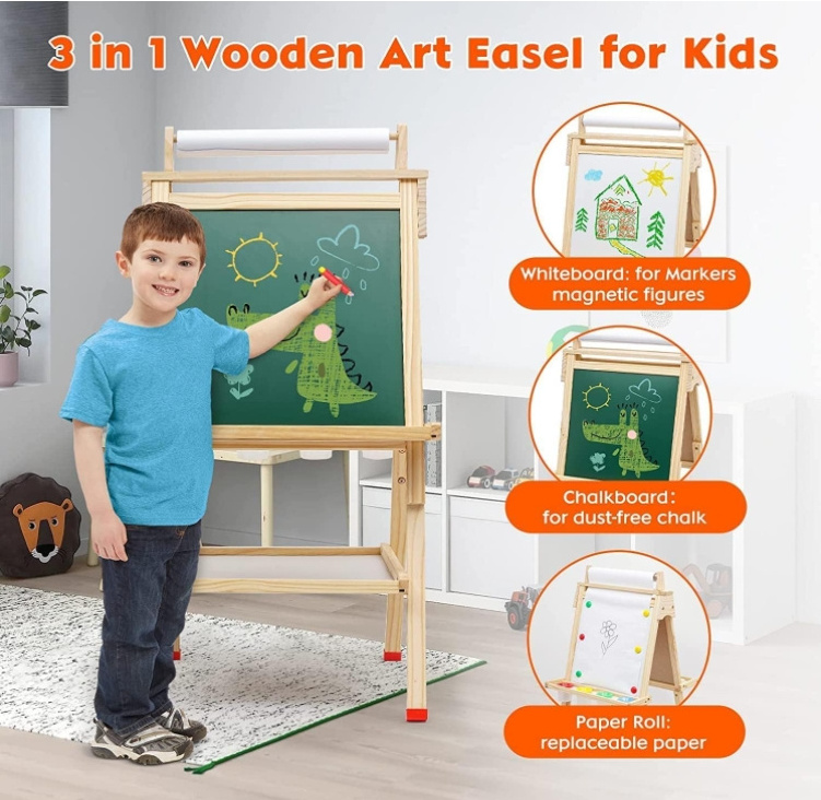 Children's wooden 3 in 1 Toddler easel Adjustable height Art Easel Blackboard whiteboard easel with paper rolls