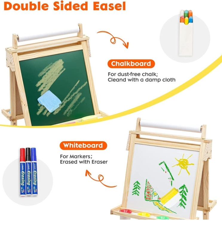 Children's wooden 3 in 1 Toddler easel Adjustable height Art Easel Blackboard whiteboard easel with paper rolls