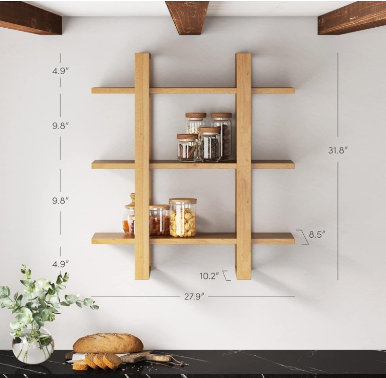 Wooden floating wall bookshelf 3-story display shelf Solid wood decoration modular shelf storage shelf suitable for the bedroom