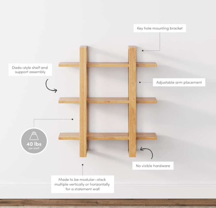 Wooden floating wall bookshelf 3-story display shelf Solid wood decoration modular shelf storage shelf suitable for the bedroom