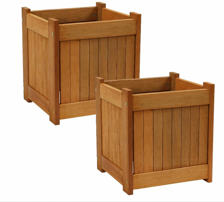 2-piece set of 16 inch  square wood box for flower with teak oil finish