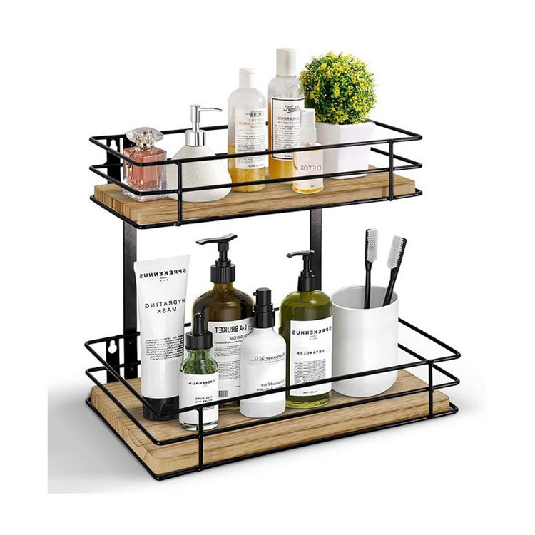 Kitchen Wood Spice Vanity Storage Shelf 2 Tier Bathroom Counter Organizer Wooden Standing Rack Cosmetic Holder